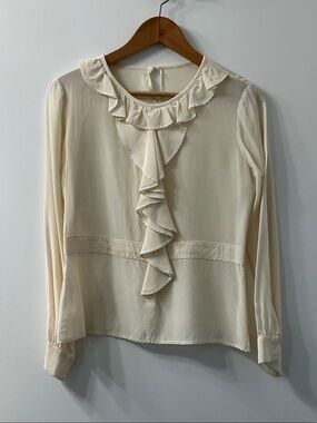 Boden Cream Ruffle-Front Long Sleeve Top